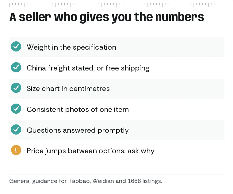 Seller checklist: weight in the specification, clear China freight, size chart in centimetres, consistent photos, timely answers, platform history.