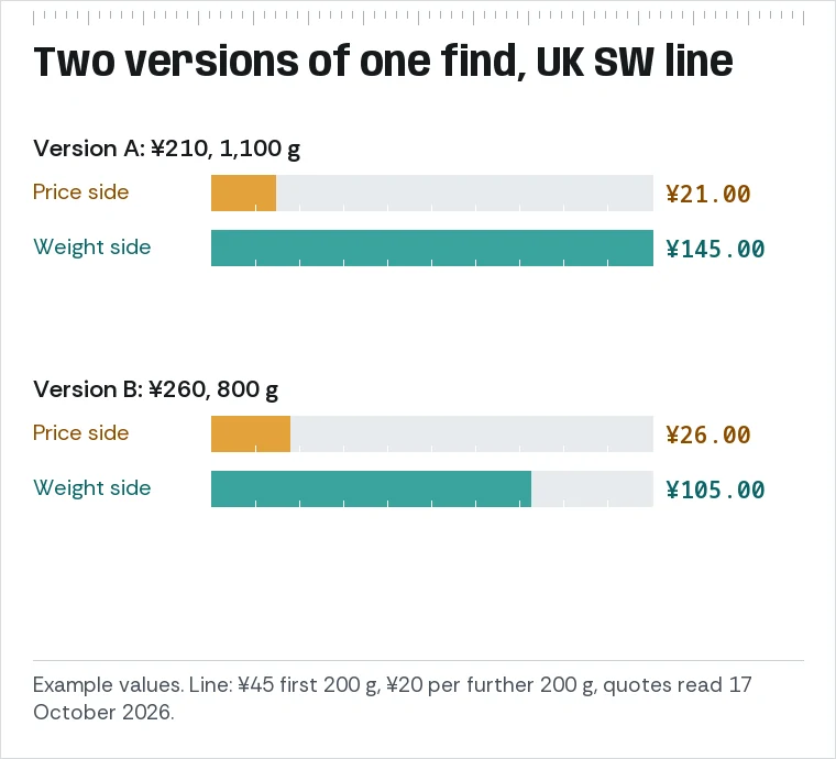 Bars for two example versions of one find on a UK SW line: version A at ¥210 and 1,100 g, version B at ¥260 and 800 g, each with its price side and ship-alone weight side.