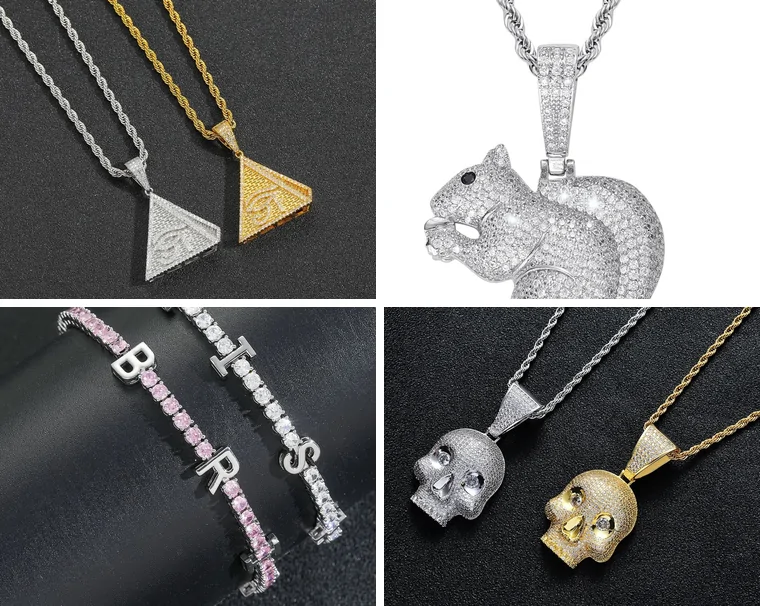 Four jewellery entries: pyramid-shaped pendants in silver and gold, a silver squirrel pendant, letter bracelets in pink and clear stones, and skull pendants