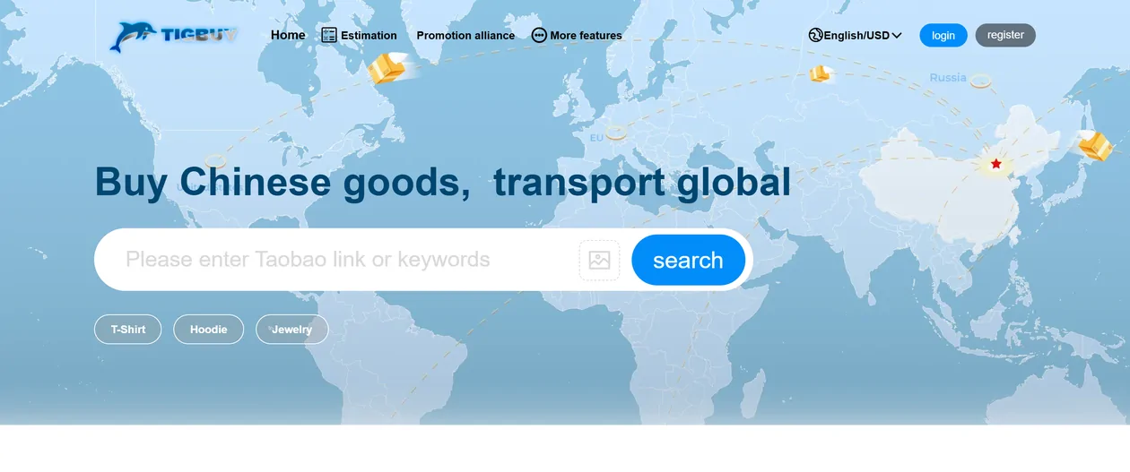 Tigbuy home page header: a world map background, the headline Buy Chinese goods, transport global, and a search box for a Taobao link or keywords.
