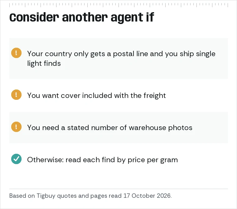 Three situations where another agent may suit better: only a postal line to your country, wanting insurance included, wanting a stated photo package.